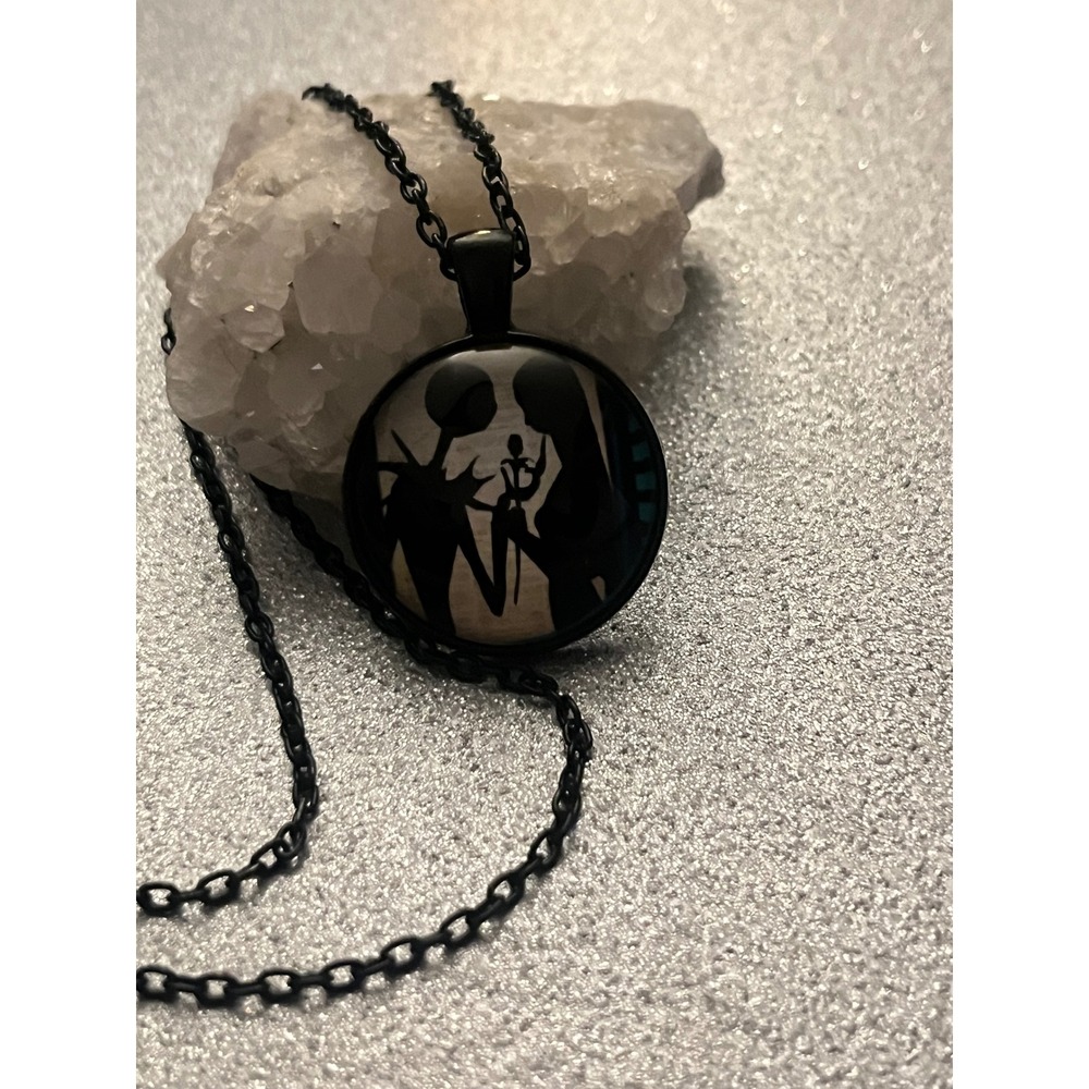 New- Nightmare Before Christmas Jack & Sally Glass Pendant Necklace Black Goth